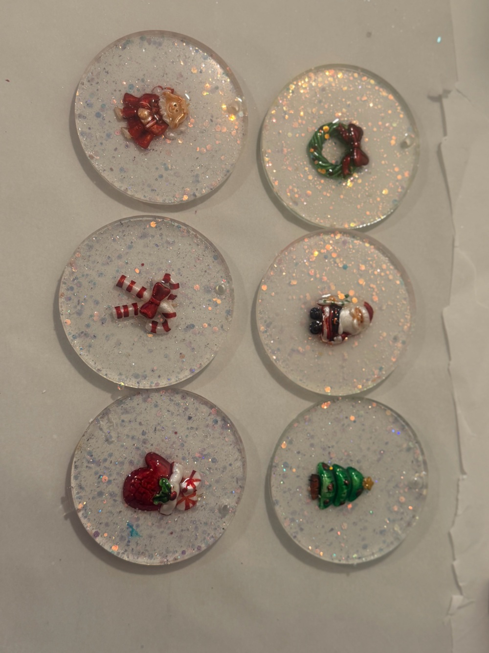 Handmade Holiday Resin Glitter ornaments– White with Red & Green Accents
